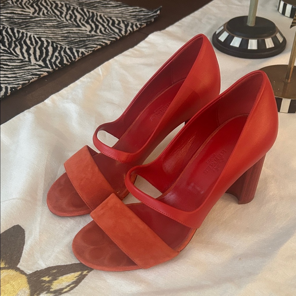 Hermes Two-Tone Red and Orange Peep Toe Block Heel